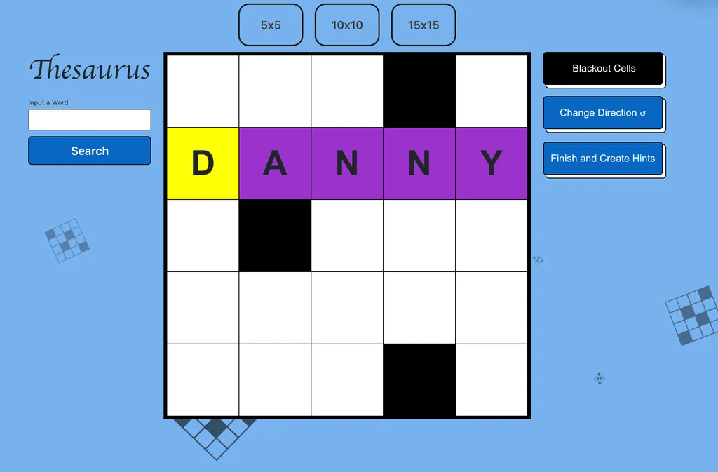 Crosswordia creation interface showing the crossword grid editor, size controls, and creation actions
