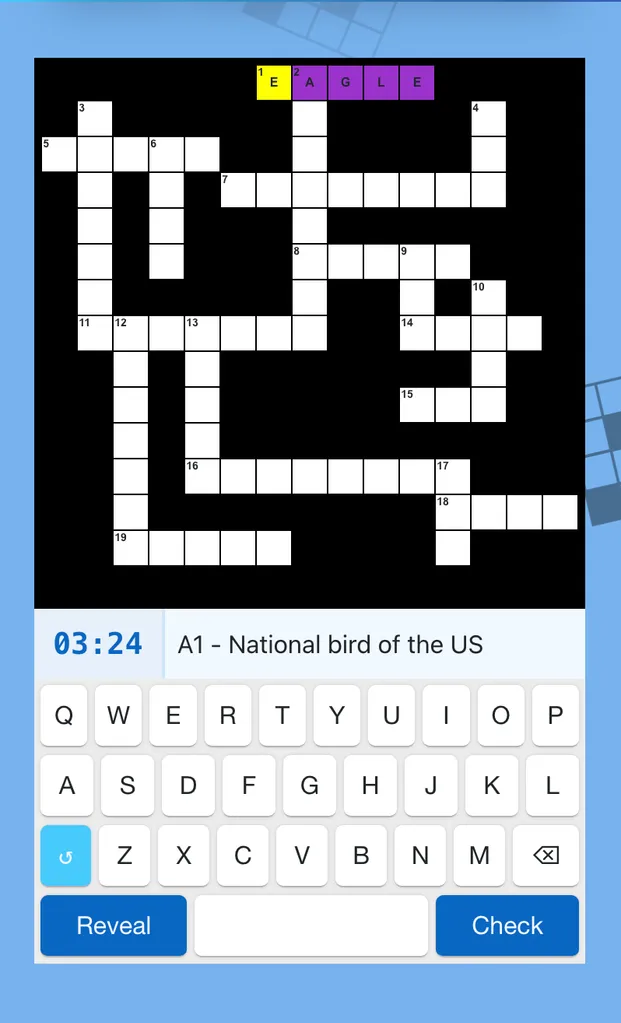 Crosswordia mobile solving interface showing the crossword grid, active clue, timer, and custom keyboard