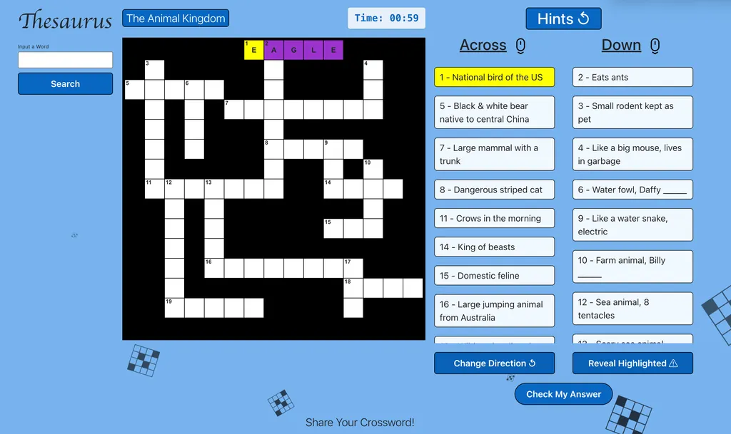 Crosswordia solving interface showing the crossword grid, hints panel, timer, and puzzle controls